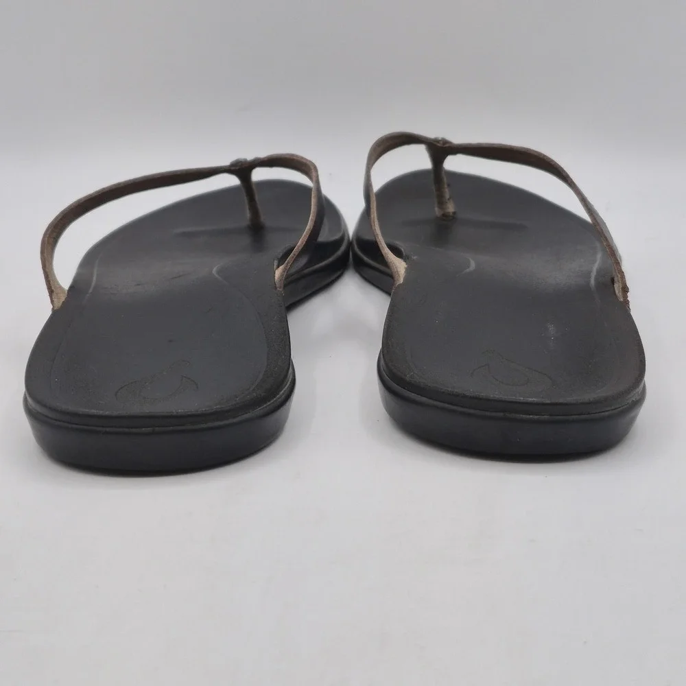 OluKai Sandals Womens Size 10 Brown Leather Thong Flip Flops Black‎ Sole Comfort